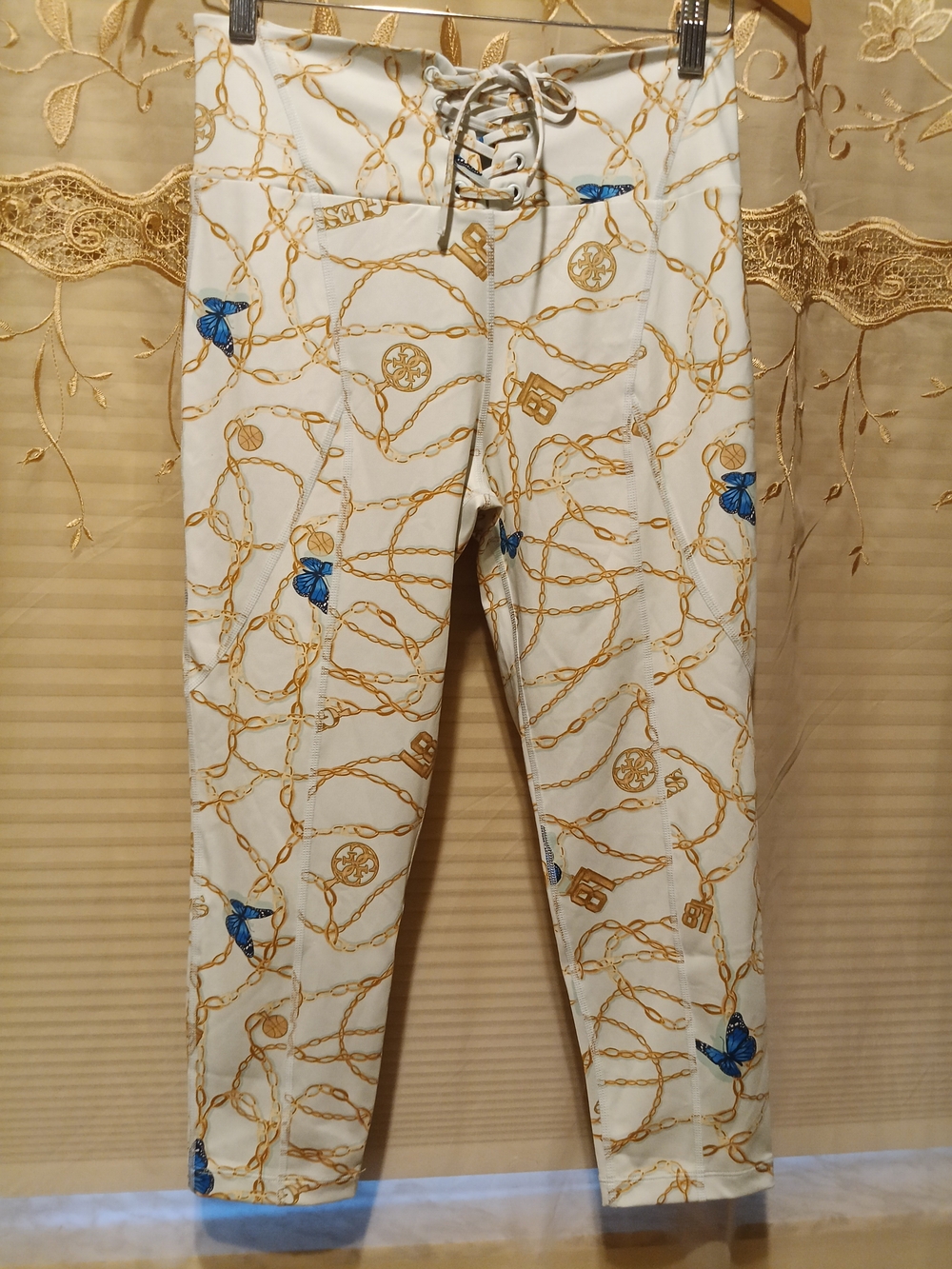 Guess White Lace-Up Chinos with Gold Chain & Blue Accents